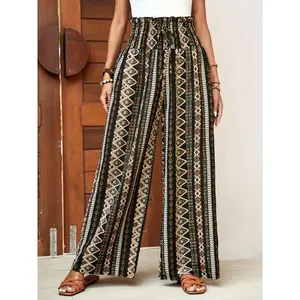 well enough Bohemian Ethnic Print Wide Leg Pants for Women - 100% Polyester Vacation Style with Shirred Waistband, Woven Lightweight All-Season Trousers Bottoms Fabric