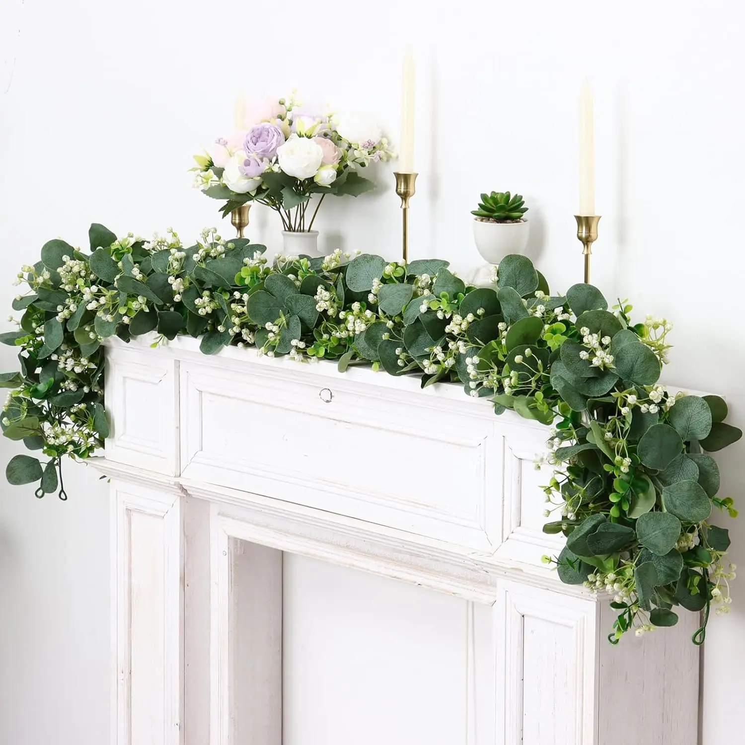 4 Packs 5.9 Ft Artificial Eucalyptus Garland Leaves with Flowers Artificial Fake Greenery Hanging Vines for Wedding Table Home Stairs Decor Decorations Garland for Mantle