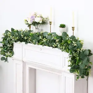 4 Packs 5.9 Ft Artificial Eucalyptus Garland Leaves with Flowers Artificial Fake Greenery Hanging Vines for Wedding Table Home Stairs Decor Decorations Garland for Mantle