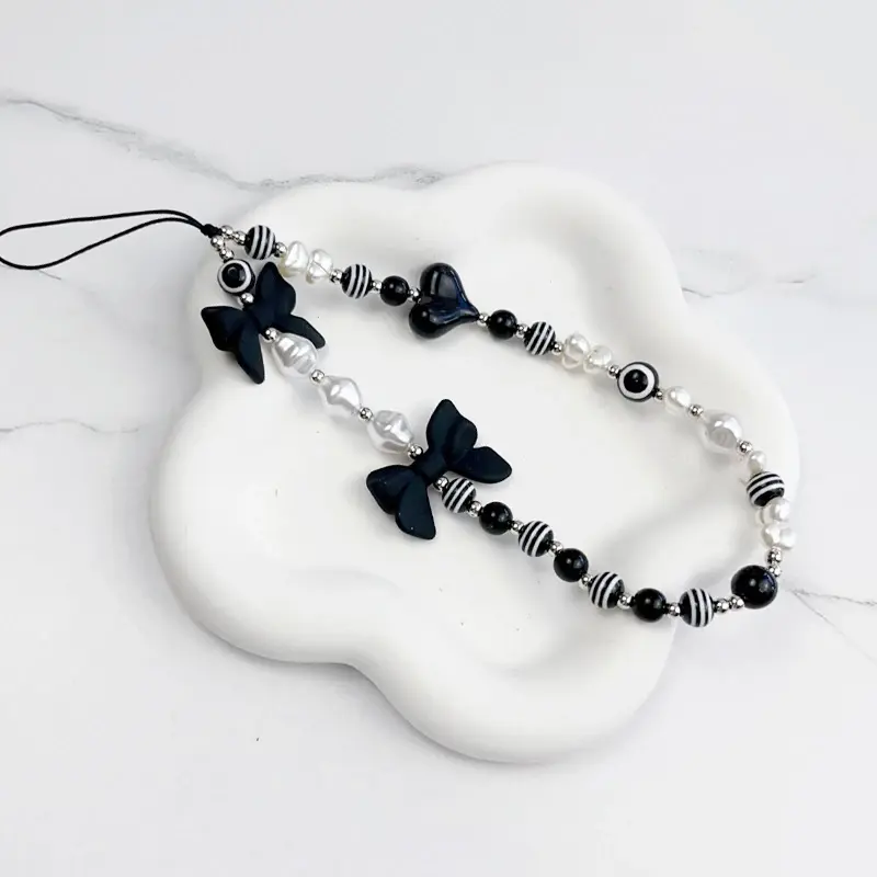 Dark Black Bow Coquette Tulip Flower Phone Strap Phone Charm Shimmery Phone Accessories Beaded Charms Phone  Kindle Strap