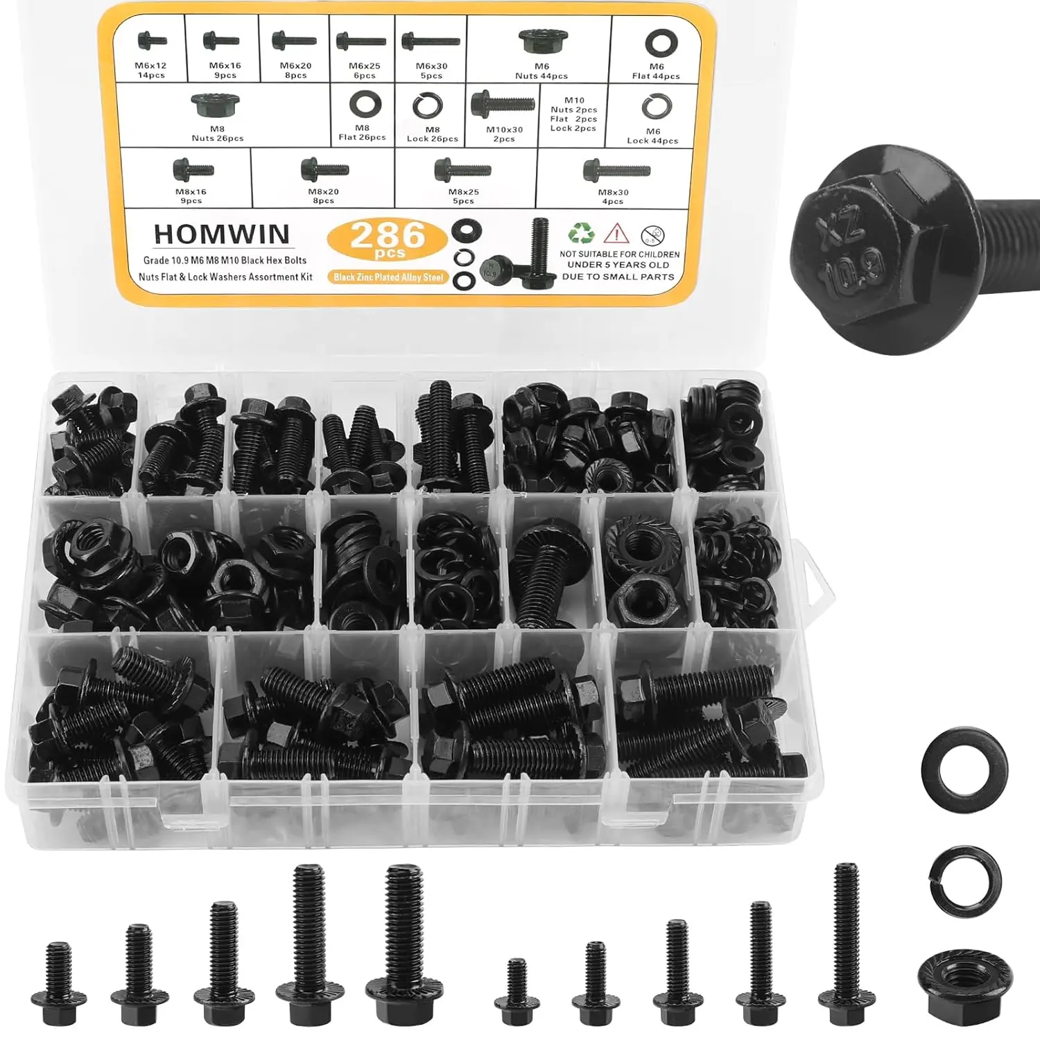 286Pcs Flange Metric Bolt Assortment, M6-1.0, M8-1.25, M10-1.5 (12mm to 30mm) Assorted Metric Bolts and Nuts Kit, Zinc Galvanized Black