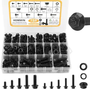 286Pcs Flange Metric Bolt Assortment, M6-1.0, M8-1.25, M10-1.5 (12mm to 30mm) Assorted Metric Bolts and Nuts Kit, Zinc Galvanized Black