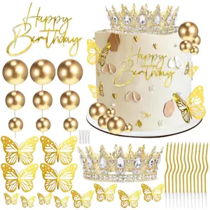 Birthday Crown Cake Topper, Cake Decorations with Happy Birthday Cake Topper, Balls, Gold Butterflies, Corona Para Pastel for Women, Princess, Wedding Party Decor outdoorfun