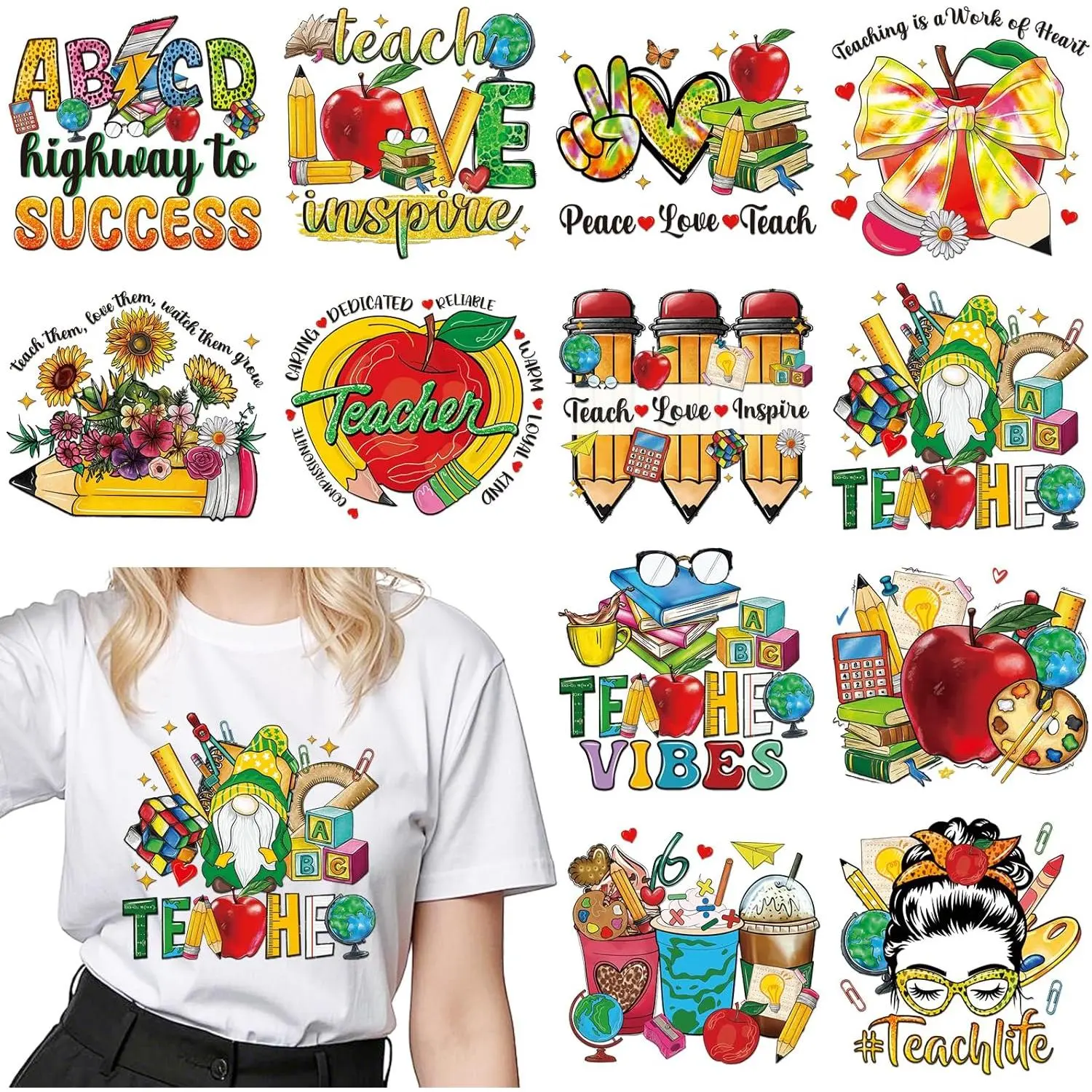 Teacher's Day Transfer Stickers - 20 Sheets Teachers Iron on Transfers Ready to Press Heat Patches Vinyl DTF Decals for T Shirts Clothes DIY Crafts Clothing Bag Appliques Pillow Decorations