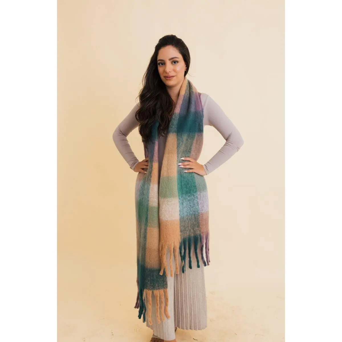 Cozy Breeze Oversized Fringe Scarf for Women Soft Warm Winter Wrap Shawl, Chunky Blanket Scarf, Fashionable Plaid Style Fall & Winter Essential Scarf, Ultra Soft Cozy Wrap