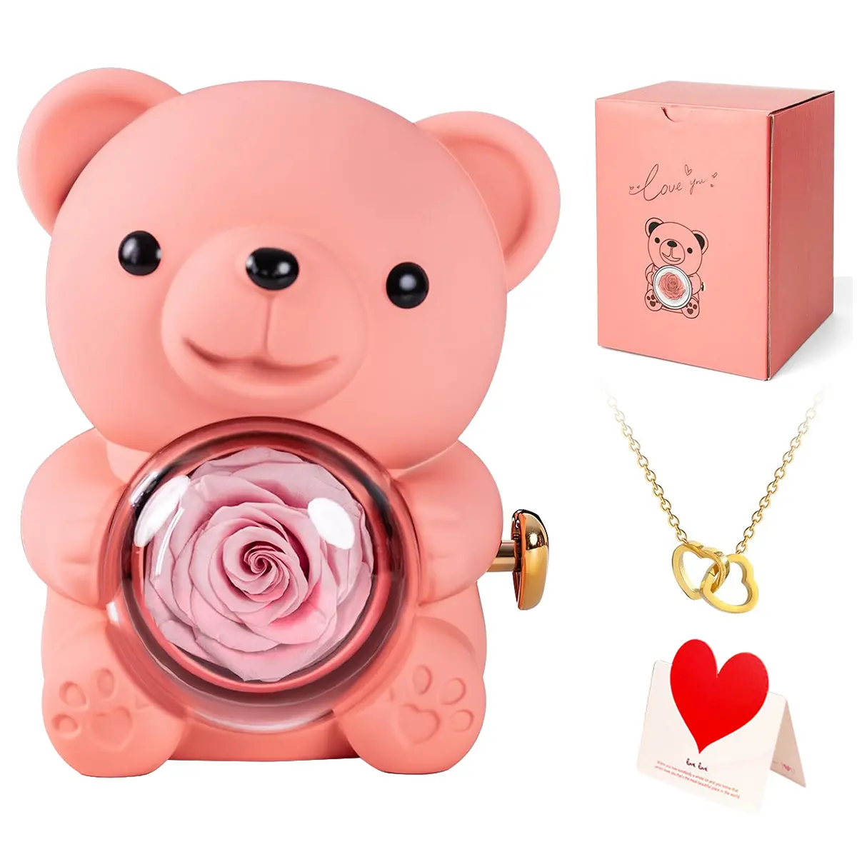 The Cutest Rose Bear with Heart Necklace–Elegant Heart-shaped Design,A Real Rose Flower in Bear with Elegant Gift Box,Perfect Gift for Mom,Wife or Girlfriend on Birthday,Anniversary or Holidays(Thanksgiving,Christmas,Halloween,Valentine's Day)