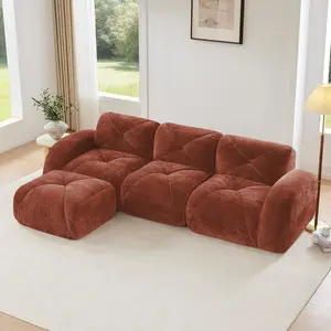 L-Shaped Soft Velvet Fabric,Boneless Sofa,Tufted Design,Ergonomic Design Bottom,32D High Density Sponge,No Assembly Required Bottom,Anti-Slip Design,Movable Ottoman For Living Room,Camel/Red Brown/Green/Blue