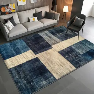 Blue Vintage Plaid Velvet Rug, Soft Comfortable Home Decor Carpet, Living Room Large Floor Mat, Sofa Bedside Runner, Multi-Scene Use