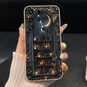 Phone Case suitable for SamsungGalaxy S25 S24 S23 FE Plus Ultra Edge 5G Creative Moon Bookshelf Pattern Silicone Straight Edge Scratch-resistant Ultra Slim Back Cover Giving gifts to family and friends