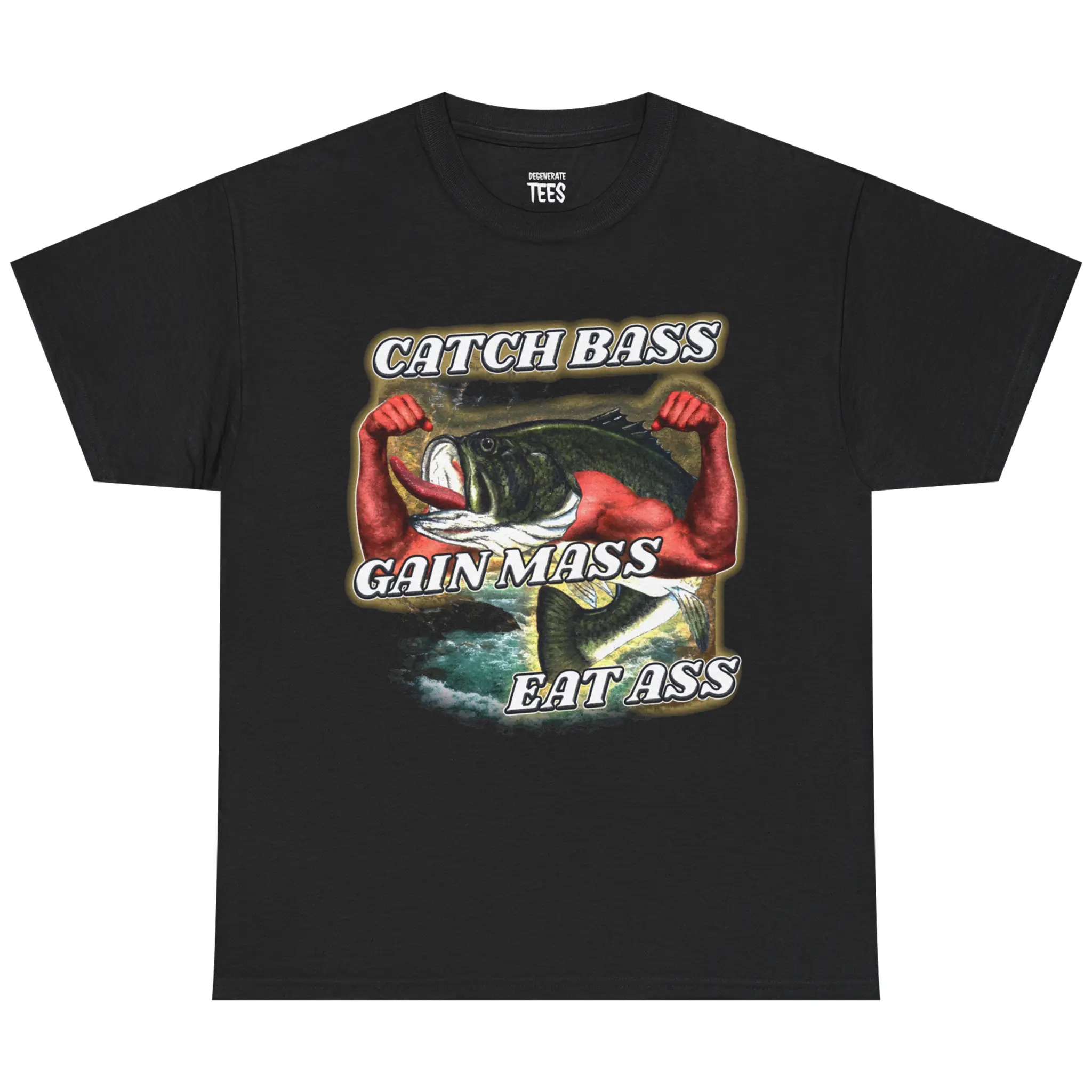 Catch Bass Gain Mass Shirt – Funny Fishing Gym Meme Tee