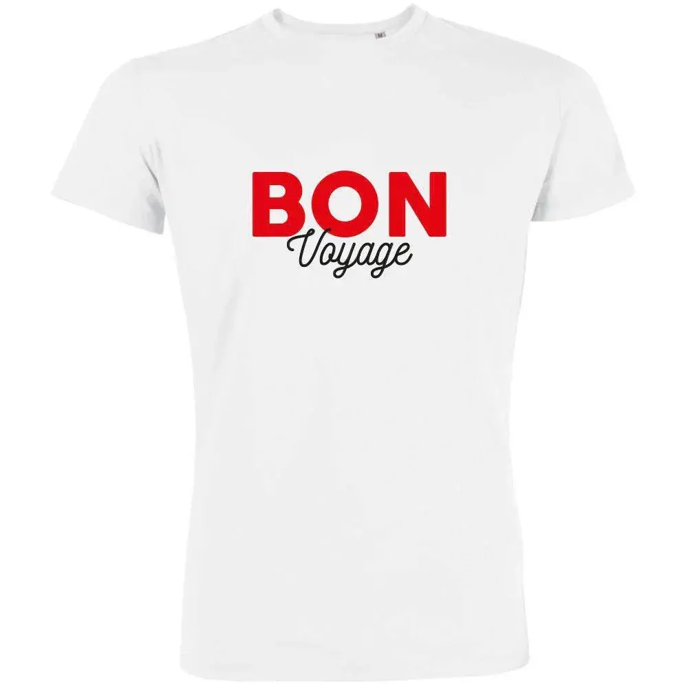 Big Frenchies Men's Bon Voyage Graphic T-Shirt, Soft GOTS Certified Organic Cotton Classic Fit Crewneck for Exotic Travel, Shortsleeve