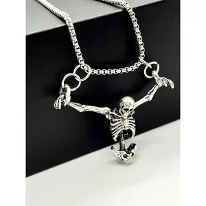 Vintage Metal Skull Pendant Necklace, Punk Gothic Skeleton Chain for Men & Women, Dangle Charm Jewelry for Casual, Festival & Halloween Wear