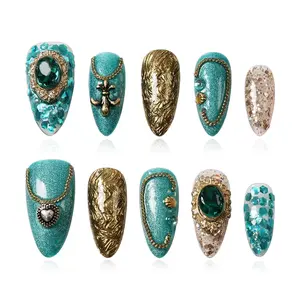 Luxury Vintage Press on Nails Medium Almond, Handmade 3D Gemstone & Glitter Design Green Gold Acrylic Nails, Reusable False Nails