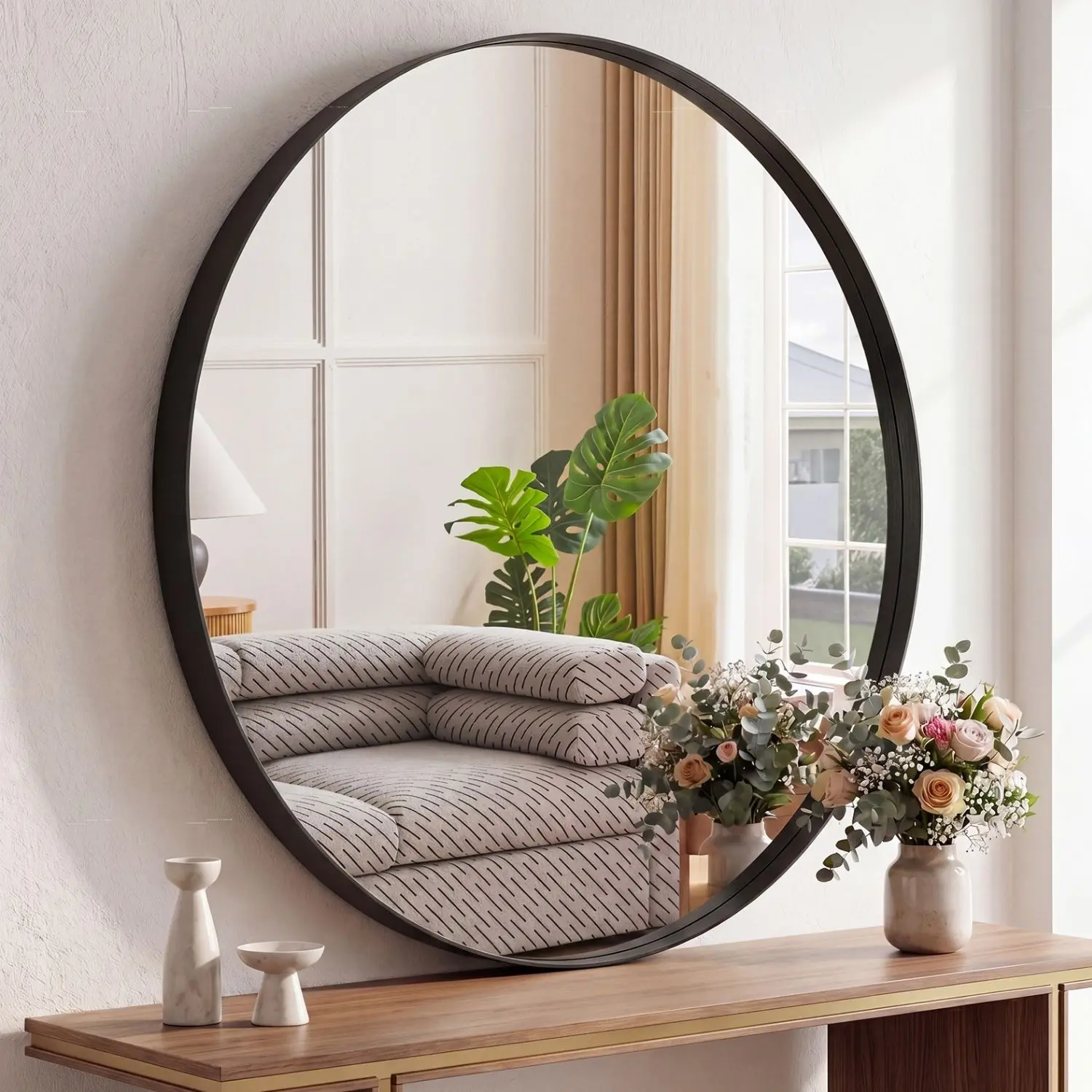 Crystal Clear Zero Distortion Round Wall Mirror, Bathroom Mirror with Matte Gold Aluminum Frame for Over Sink, Vanity Mirror for Bedroom Entryway