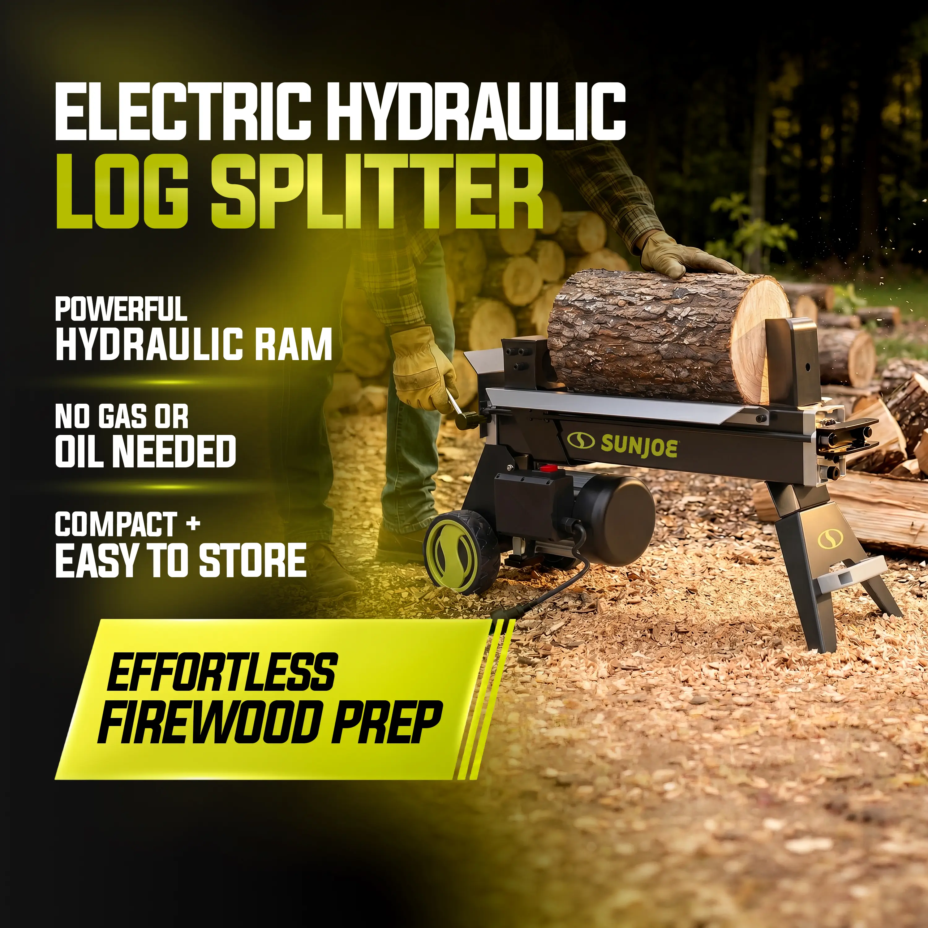 Sun Joe Steel Log Splitter - 5-Ton Max Electric Hydraulic Ram, 15-Amp Motor, Safety Switches, for Firewood Splitting, Ideal for Home Users