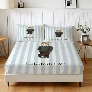 Preppy Style College Cat Fitted Sheet Set, 1 Fitted Sheet with 2 Pillowcases, All-Season Bedding for Bedroom, Dorm & Guest Room, Decor for Teens & Adults