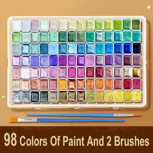 60/98 Color Pearl Luster Solid Watercolor Pigment, Fantasy Gold Powder Paint, 2 Brushes Included, Painting Set, Ideal for Painting & Calligraphy, Watercolor Painting Supplies