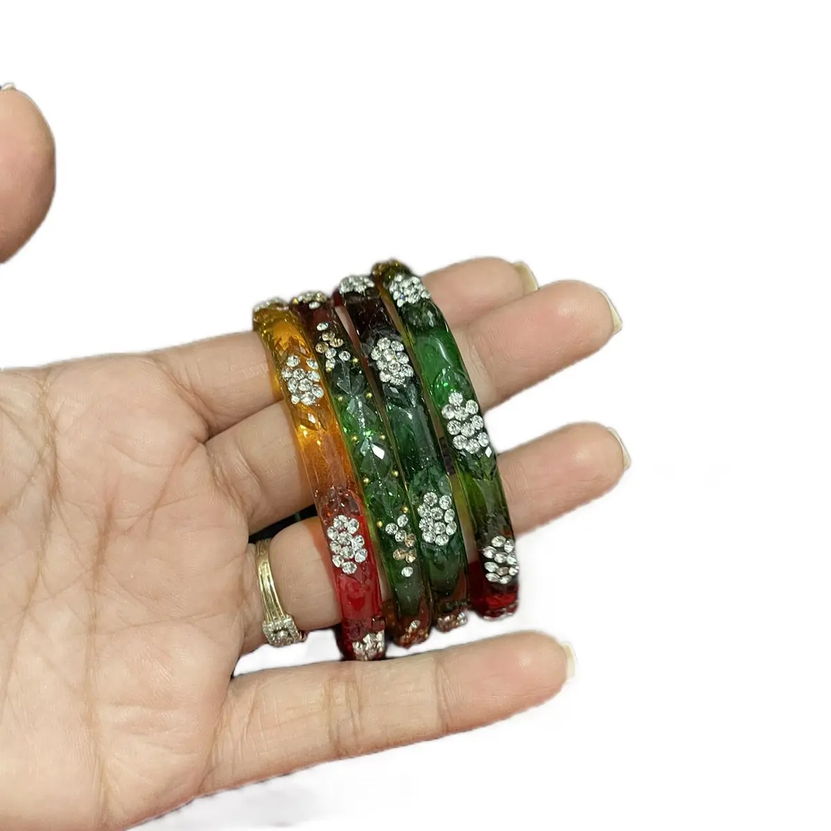 Women's 4-Piece Lightweight Multicolored Stone-Work Glass Bangle Set - Size 2.8, Bangle Stack, Layered Set, Rainbow Design, Stacked Style, Casual Daily Costume Jewelry Accessory