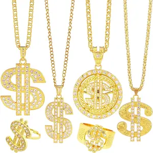 6 Pack  -Colored Dollar Sign Chain Necklace Ring for 80s 90s  Hop Costumes Outfit, Rapper  for Men Women