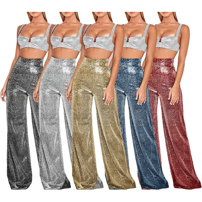 Women's Metallic Foil High Rise Pants - Smooth Crop Wide Leg Trousers, Shiny Straight-Leg Statement Bottoms for Spring Streetwear & Festival, Medium Polyester Plus Sizes Womenswear for Parties, Flared Pants, Flexible Fit, Graphic, Fitted, Glitter Pants