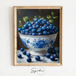 Blueberries in Porcelain Bowl - Summer Berry Artwork - Fresh Blueberries Decor - Juicy Fruit Illustration, Unframed