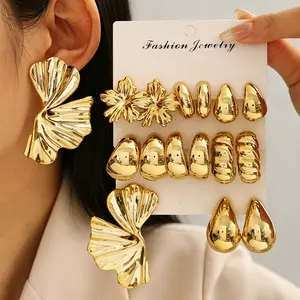 8 Pairs Chunky Gold Silver Plated Earrings Set, CCB Plastic Ginkgo Leaf Teardrop Statement Earrings Pack for Women, Trendy Fashion Jewelry Bulk