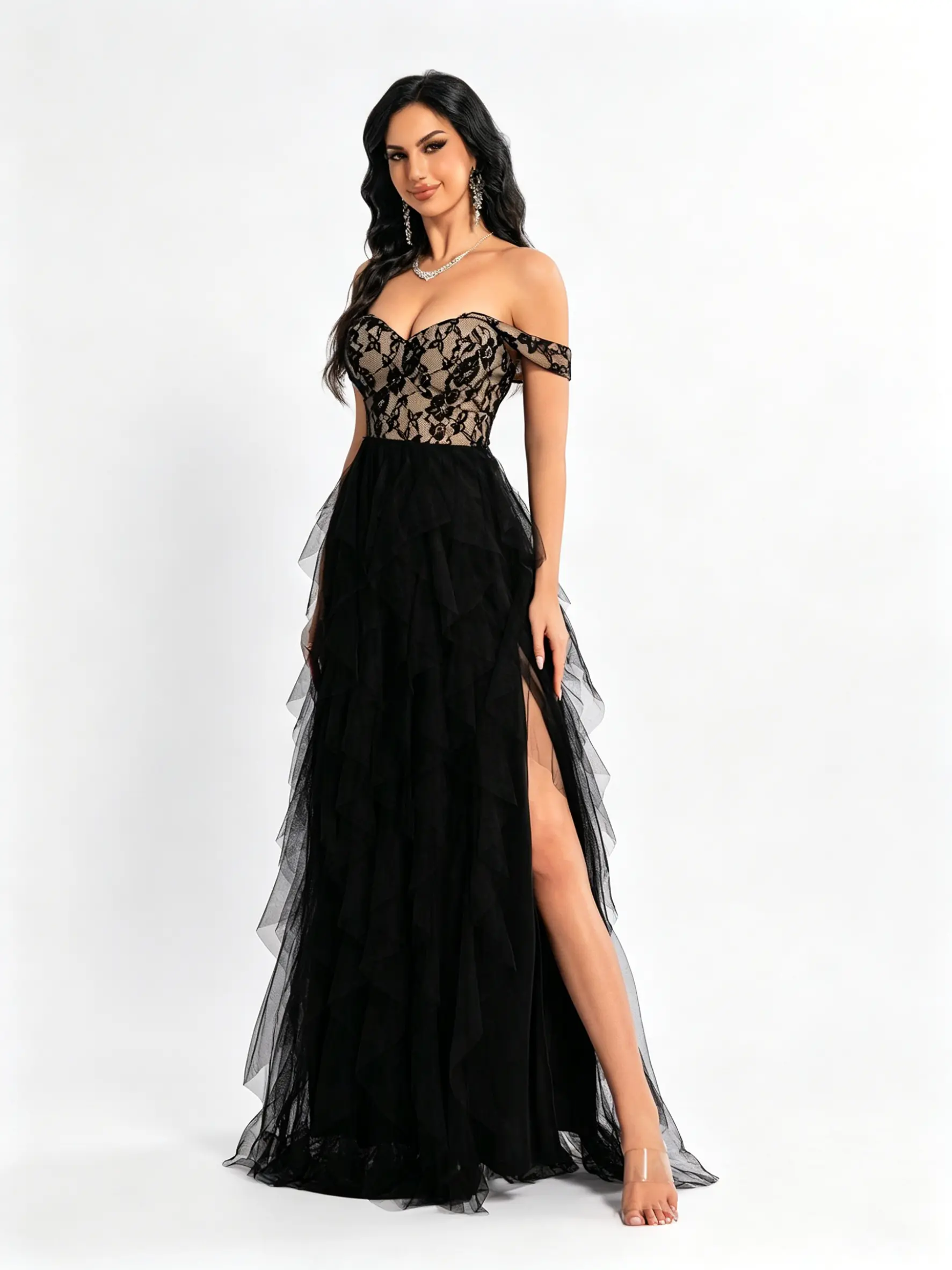 Women's Original Elegant Black Lace Bodice Off-Shoulder Tulle Prom Dress - Light, Sparkly, Soft, Slimming Layered Pleated Formal Evening Gown Chic Womenswear