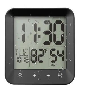 Waterproof Shower Clock, Digital Bathroom Kitchen Wall Clock Timer with Temperature, Touch Screen, Suction, Hanging Hole, Battery Operated, Black