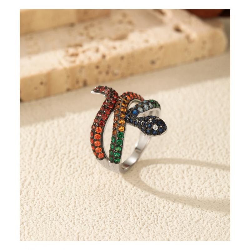 Colorful CZ Snake Ring S925 Sterling Silver Sweet Cool Style Women's Statement Jewelry Adjustable Size for Daily Wear