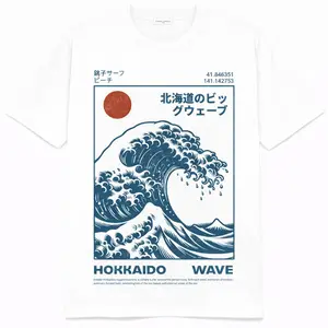 Hokkaido Wave Shirt, Retro Japanese Surf T-Shirt, Ukiyo-e Great Wave Graphic Tee, Vintage Japan Beach Style Cotton Top