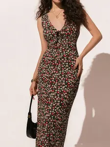 Women's Sleeveless Floral Tie Waist Slim Fit Midi Dress, Vintage Style Strap Dress, Suitable for Day and Night Events, Floral Tie Midi Dress