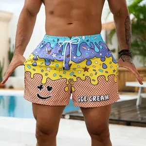 Full Print Melting Ice Cream Star Sprinkle Cartoon Swim Trunks Unisex Quick Dry Breathable Drawstring Elastic Waist Lined Beach Shorts Vacation Pool Summer Casual Bottoms