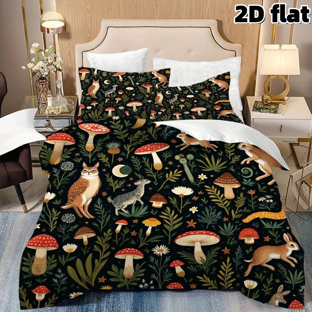 2D Flat 3Pcs Forest Mushroom Bedding Woodland Animals Pattern Duvet Cover Wildlife Fox Rabbit Owl Print Microfiber Bedding with Pillowcases Nature Themed Bedding for Home Bedroom Decoration