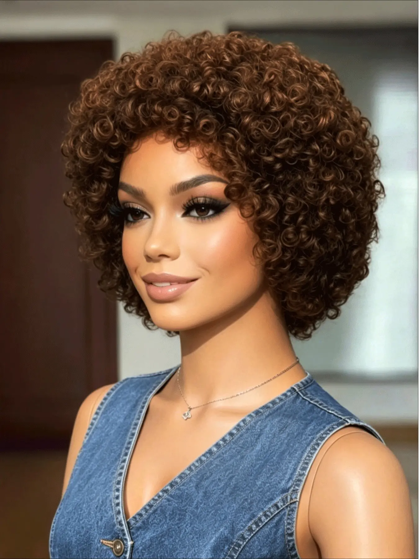 Dark Brown 100% Human Hair Afro Short Curly Glueless Wig With Bangs For Women Loose Curls Wear And Go Non Lace Front Natural Volume Natural Fluffy Wigs