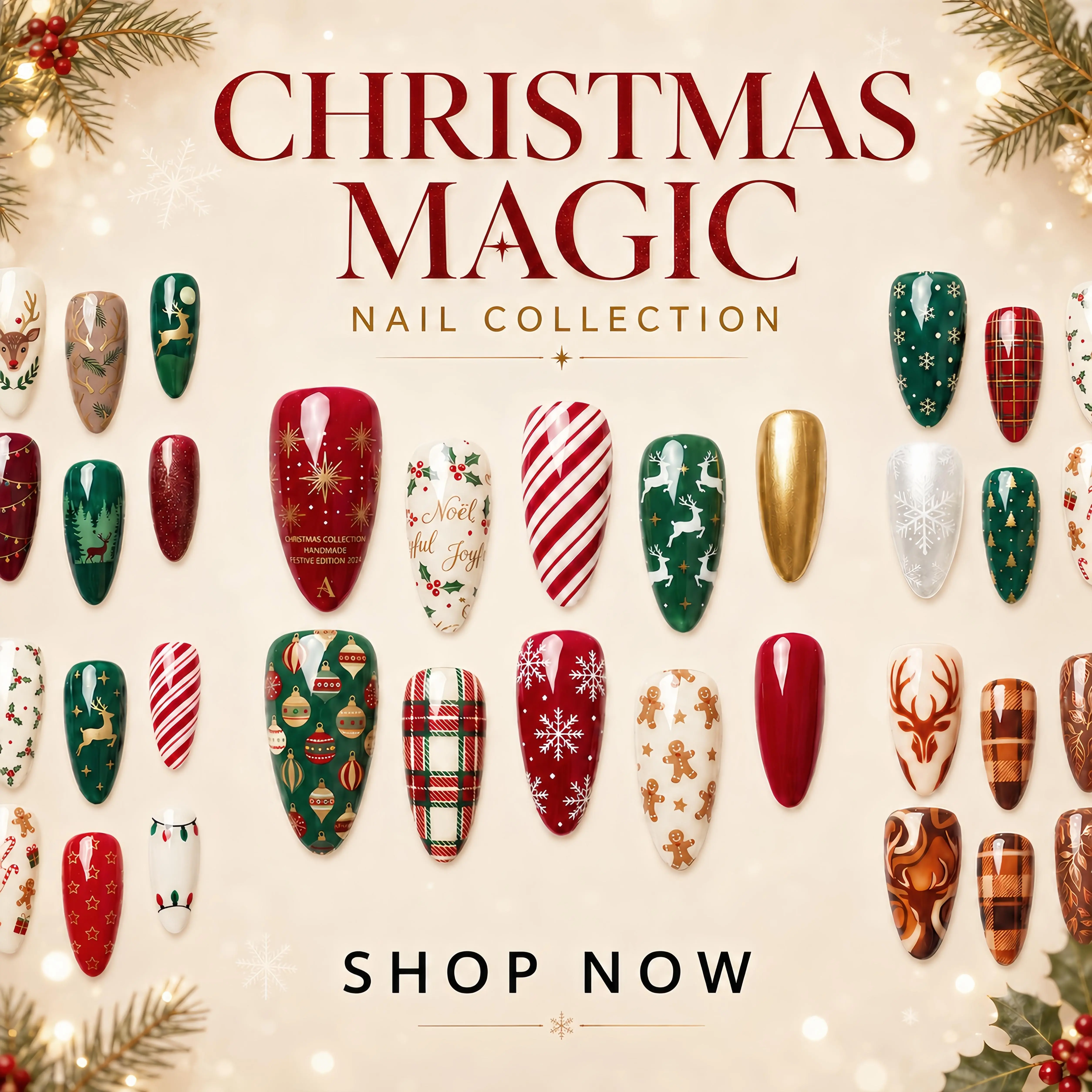 Christmas Collection - Handmade Press-On Nails | Reusable, Salon-Quality, Long-Lasting, Glossy Design