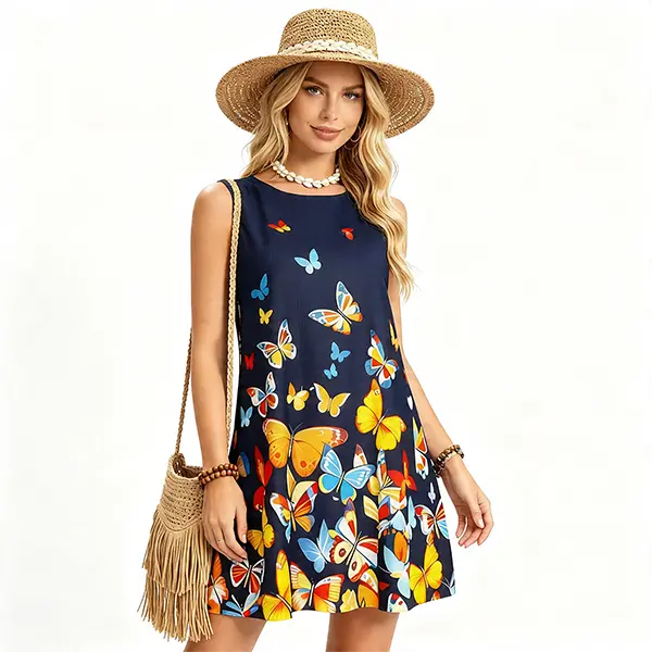 Vibrant Colorful Butterfly All Over Print Sleeveless Swing Dress, Stretch Polyester Lightweight Summer Sundress, Women Loose Fit Beach Casual Dress for Vacation Cruise Pool Picnic Outfit