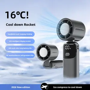 5-in-1 handheld digital ice cooling fan, with a 2400mAh large capacity, 100 adjustablecooling tan settings, and a small tan witha hanging strap