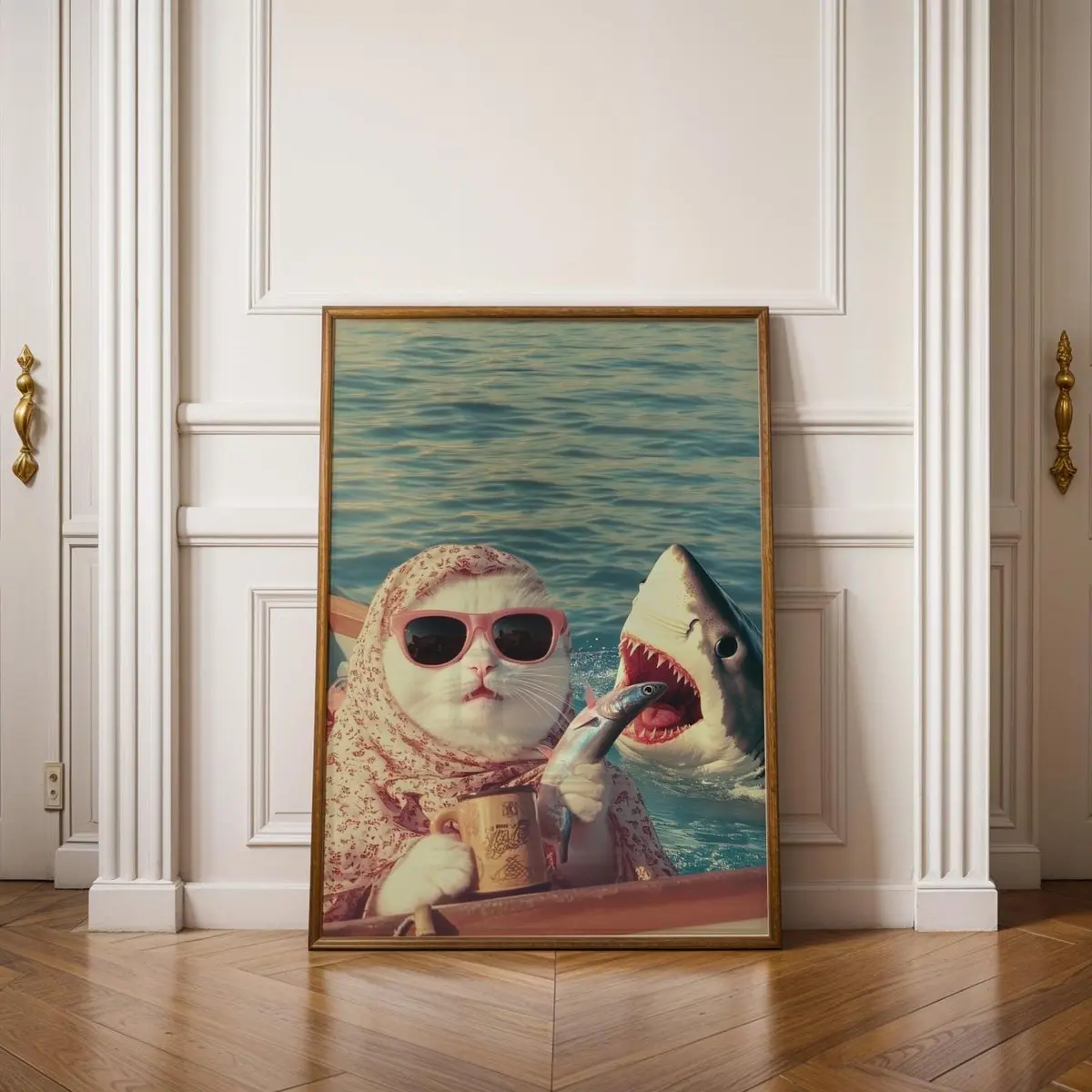 Funny Cat And Shark Wall Art, Humorous Poster, Quirky Cat Poster, Maximalist Cat Wall Art, Funny Animal Art, Quirky Art Print, Unframed, Room Decor