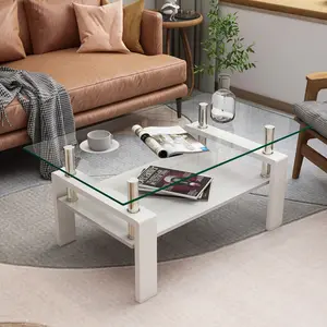 Modern Rectangle Glass Coffee Table with Storage Shelf, Tempered Glass & Iron Legs for Living Room