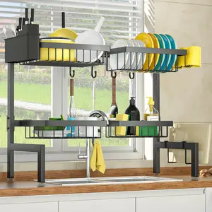 Over The Sink Dish Drying Rack (Expandable Height and Length) Snap-On Design 2 Tier Large Dish Rack (23" - 34" L x 11" W x 19" - 21.5" H) Stainless Steel Multi-Tier Dish Rack