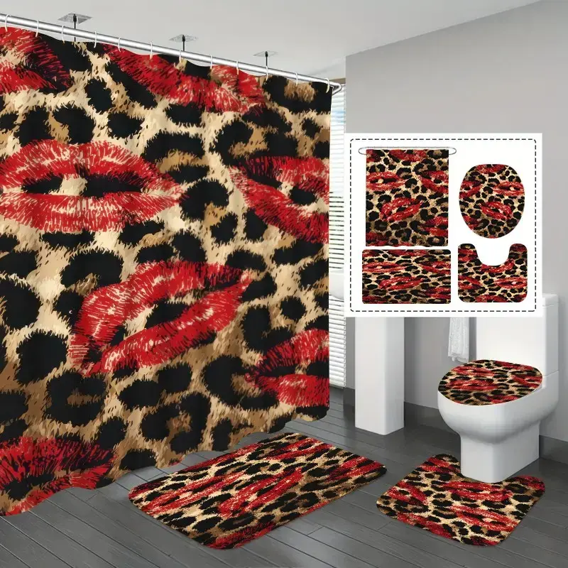 1/4pcs Luxury Leopard Print Digital Print Shower Curtain, Modern Bathroom Supplies, Wall Mounted, 12/24 Plastic Hooks,  Leopard Pattern Shower Curtain