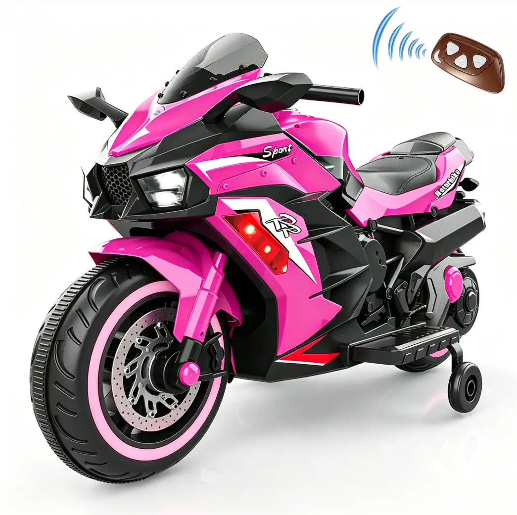 12V Battery-Powered Electric Ride-On Motorcycle Toy for Toddler Girls, Pink Model with Remote Control, Toddler Bikes
