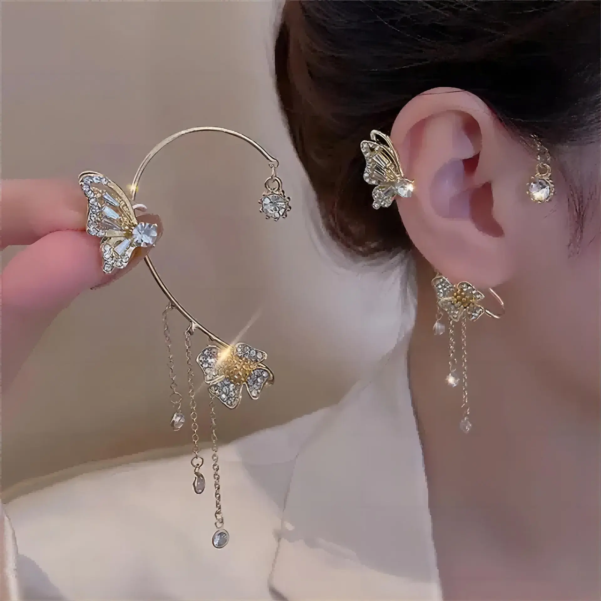 Fairycore Butterfly Tassel Earrings Clip Rhinestone Trendy Ear Clips