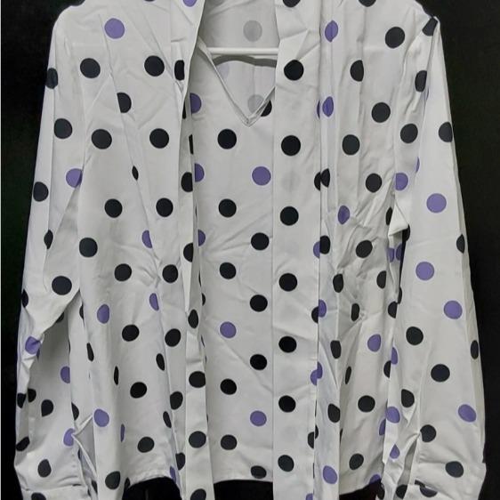 Women's Spring Summer Tie Neck Long Sleeve Polka Dot Print Casual Blouse Black Polyester Shirt with Button Front Fit Regular Style