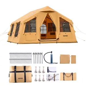 VEVOR Inflatable Tents for Camping,  8-12 Person Easy Setup Blow up Tent with Hand Pump, 4 Season Luxury Glamping Tent with 2 Skylights, Canopy, Stove Jack, 2 Doors & Mesh Windows (Include Storage Bag)