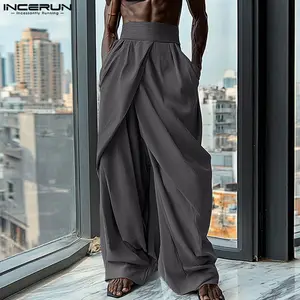INCERUN * Men's Pleated Crossover Design High Waist Trousers Wide Leg Casual Long Pants