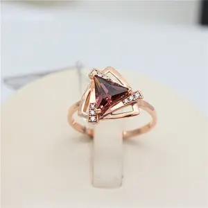 Creative Design 585 Purple Gold Inlaid Brown Gemstone Triangle  rings for women Plated 14K Rose Gold Ring Banquet Jewelry Gift