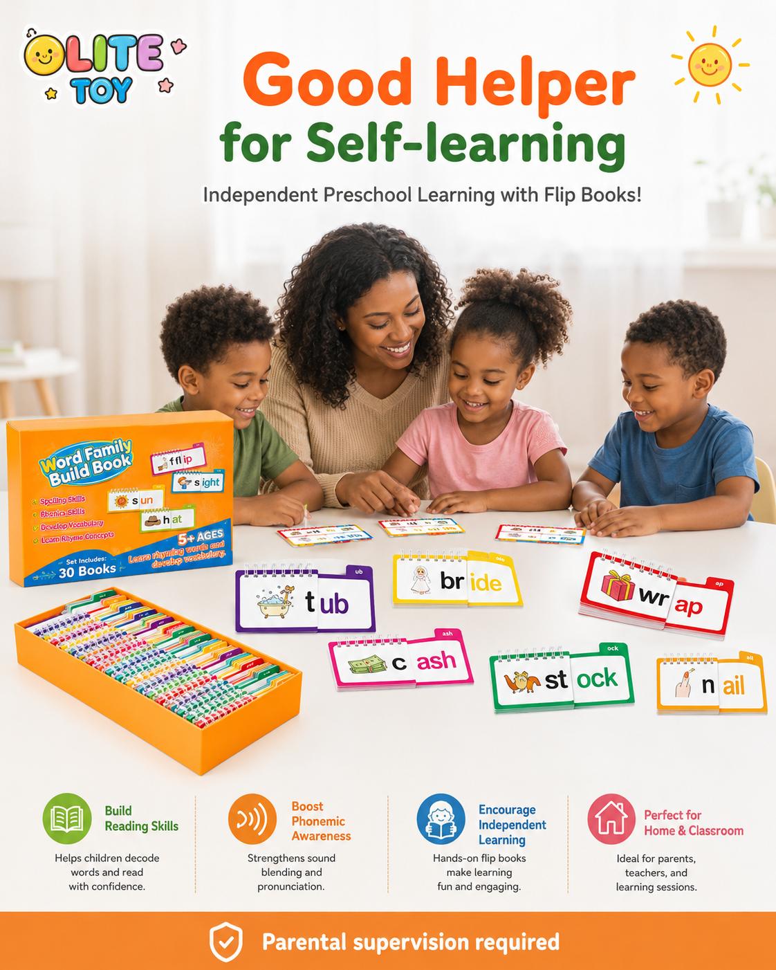 Kids Educational 30-Piece Flash Card Toy Set - ABC Alphabet Matching Cards, Phonics Books, Word Family Builders, Rhyme Tools, Early Literacy & Vocabulary Builder Learning Gifts