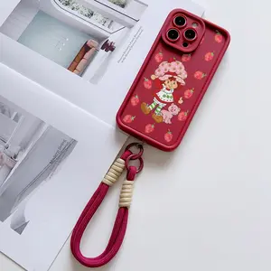 Convenient Lanyard Phone Case with Wrist Strap, Wine Strawberry Sweetheart Doll, Tpu Anti-Drop Protection, Shockproof Phone Cover for iPhone 6/7/8/x/11/12/13/14/15/16/17 Pro Max