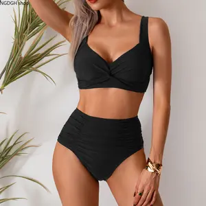 Women's Bikini Suit High Cut 2 Piece Swimsuit Gathered Modest Swimsuit Knotted Font Cross Cross Tummy Control Two-Piece Bathing Suit, Flattering for Beach Days, Pool Parties, and Vacations